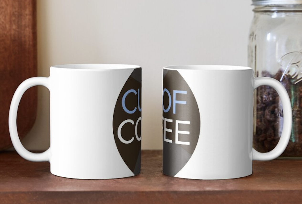 Two white coffee mugs on a shelf with the Cup of Coffee logo on them