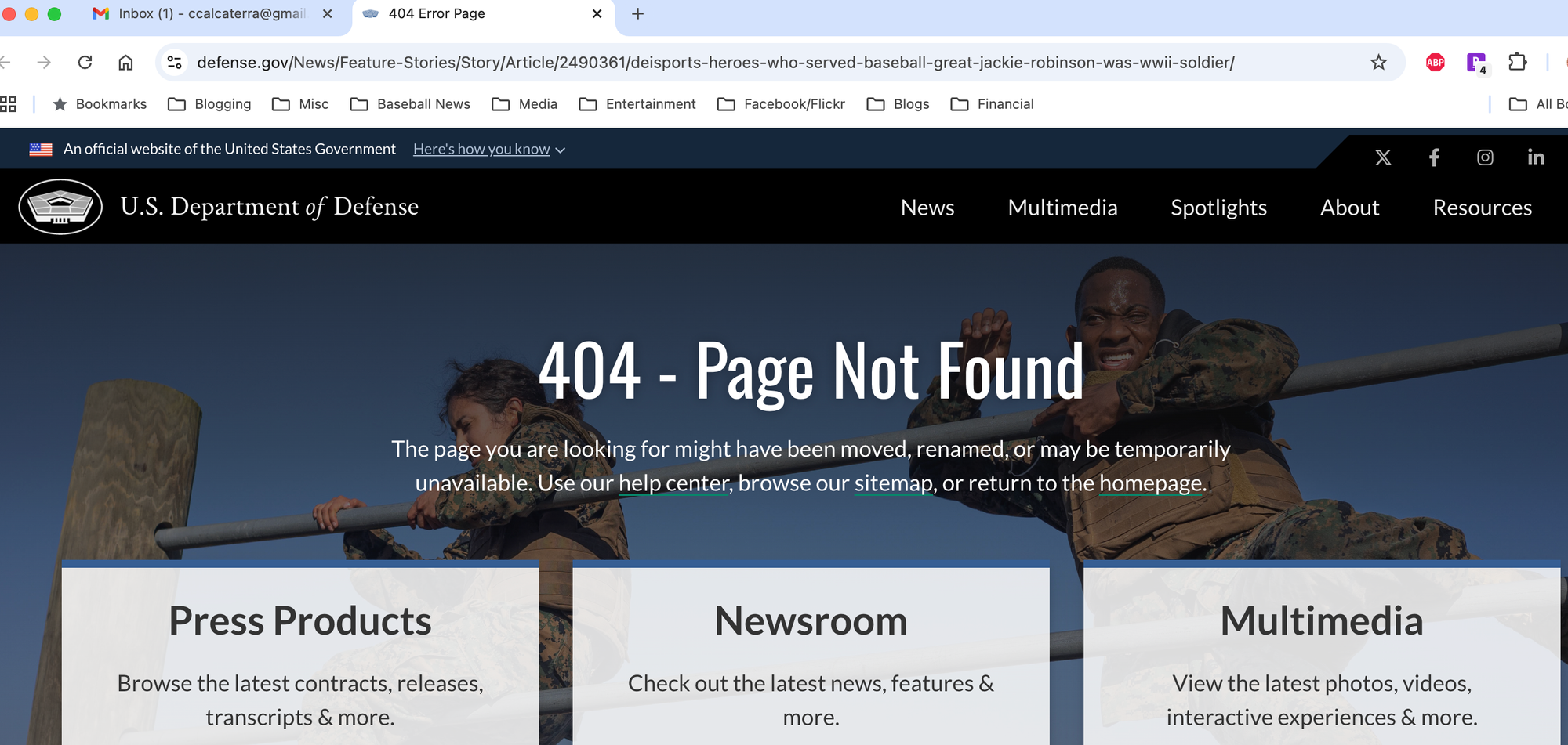 Screencap of a DOD page about Jackie Robinson which has been removed and given a 404 message but the URL has been changed to add the term "DEI" in it