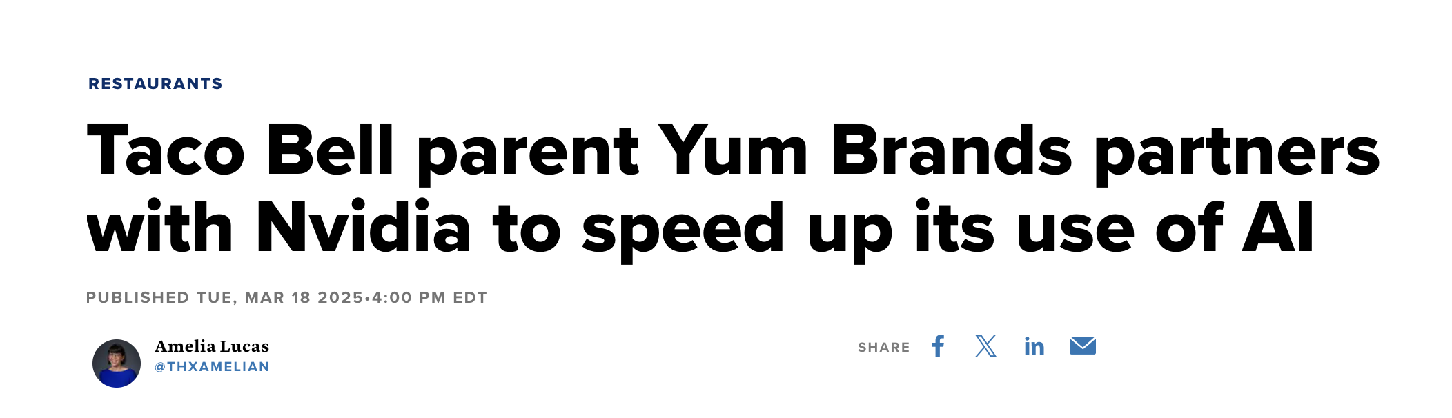 Headline: Taco Bell parent Yum Brands partners with Nvidia to speed up its use of AI