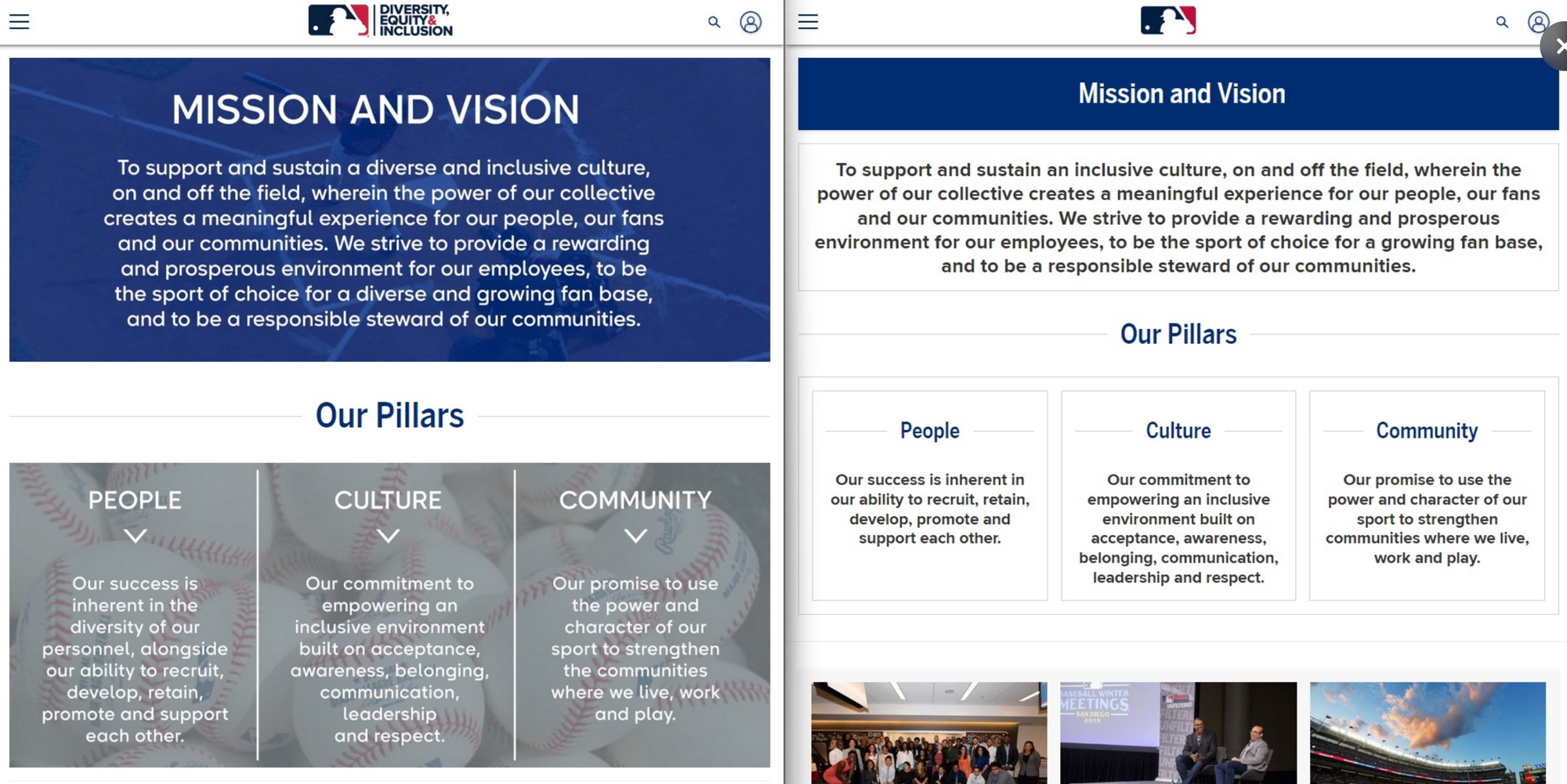 Two versions of MLB's "diversity" page, setting forth its "Mission and Vision." They are substantially similar, but on the left, which is the old version, the word "diversity" is included. On the right, the new version, the word "diversity" is scrubbed. 