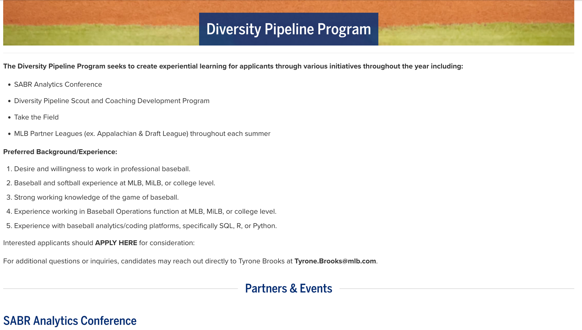 Archived page for the Diversity Pipeline Program, with an explanation and a solicitation for applicants. It also has contact information for the Diversity Pipeline's director, Tyrone Brooks