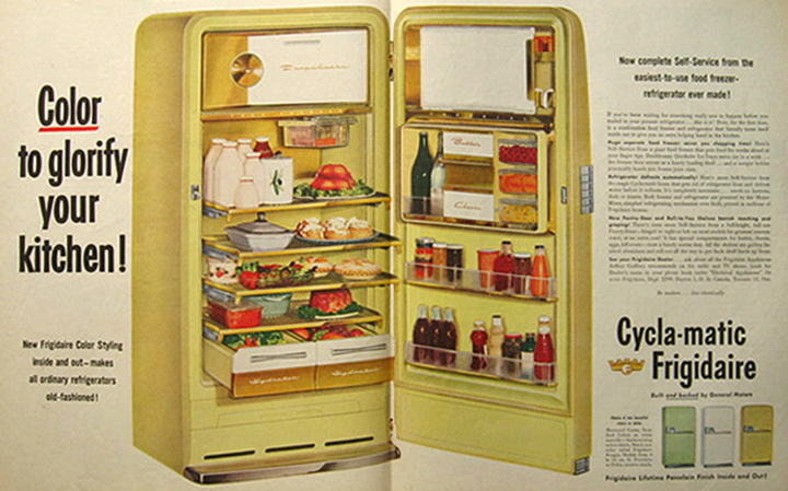 1950s refrigerator add, featuring the words "Color to glorify your kitchen!" and "Cycla-matic Frigidaire