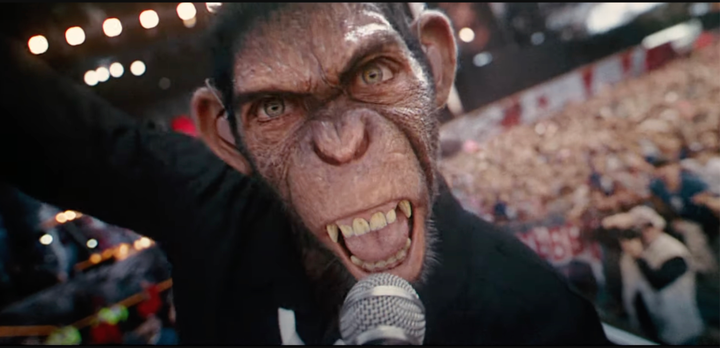 A chimpanzee singing on stage. For some damn reason. 